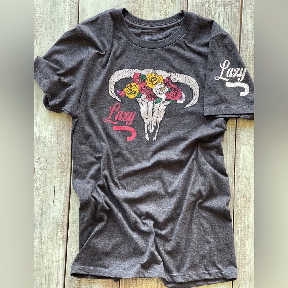 Lazy J Ranch Wear Skull & Flowers T-Shirt - Grey - XL